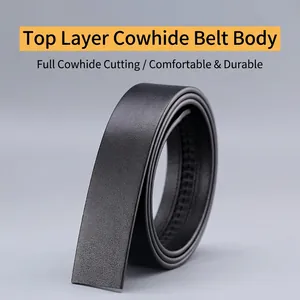 Premium black top grain cowhide leather belt strap without buckle, textured finish