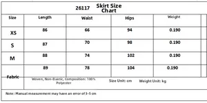 Size chart detail for satin midi skirt showing measurements for sizes XS to L in centimeters