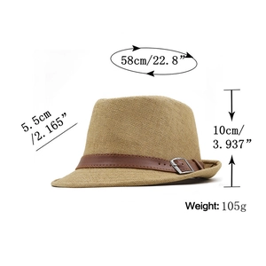Detailed size specifications for beige woven fedora hat with dimensions and weight info