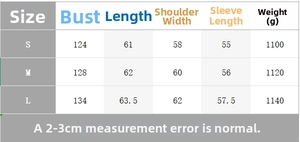 Size chart for faux leather jacket showing bust, length, shoulder, and sleeve measurements