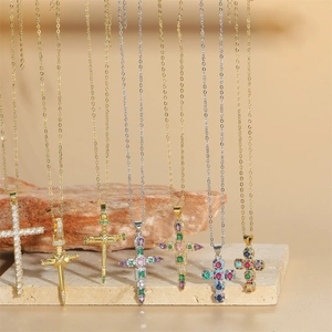 Vintage hip hop cross pendant necklaces with colorful gemstone inlays in gold and silver