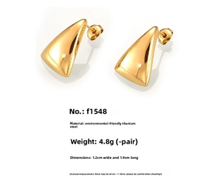 Macro shot of geometric triangle titanium steel earrings with detailed size dimensions