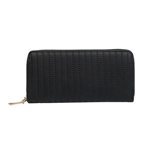 Classic black PU leather long wallet with vertical quilted stitching and gold zipper