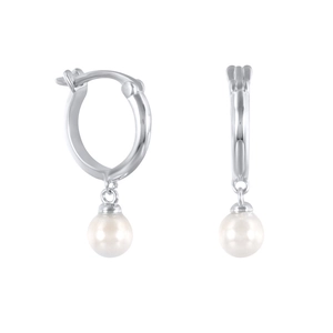 Detailed view of elegant silver hoop pearl earrings with natural luster and minimalist hooks