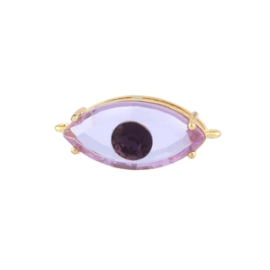 Detail of gold evil eye jewelry connector with faceted purple stones and dual rings