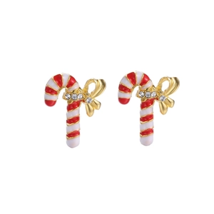 Detail of Christmas candy cane earrings with red stripes, gold bows, and white rhinestones
