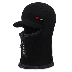 Men's winter knit balaclava hat with fleece lining, zipper, and brim for windproof warmth