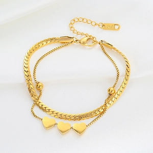 Elegant gold-plated multi-layer titanium steel bracelet with three heart charms and K18 seal
