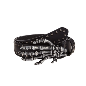 Men's black punk leather belt with silver skull hand buckle and metal rivets decoration