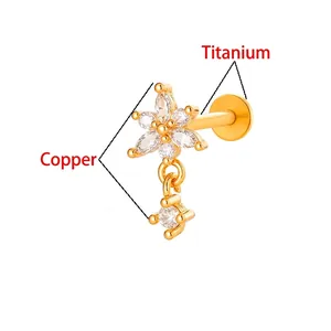 Flower-shaped heart zircon labret stud with titanium post and copper flower accent