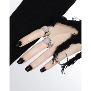 Minimalist S925 sterling silver wide band rings with oval white agate on fingers