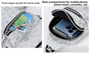 Detailed view of white crossbody bag compartments showing storage for smartphone and cards