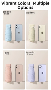Four colors of ultra-light mini flat umbrellas shown next to smartphones for size scale