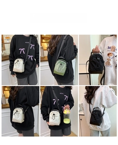 Collage of mini drawstring crossbody bags in multiple colors shown on models in casual settings