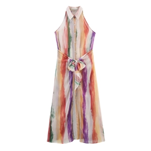 Robe Maxi Sans Manches Femme Polyester Mousseline Rayures Verticales Imprimé Aquarelle Taille Nouée Col Chemise Élégant Jupe Longue