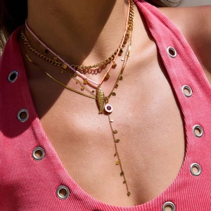 Layered 18K gold stainless steel necklace with pink beads and golden fish pendant