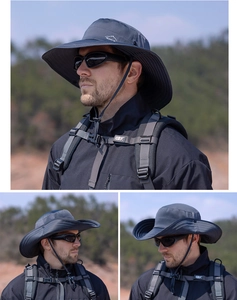 Détails du chapeau de pêche gris foncé avec tissu respirant et bords larges pour le plein air