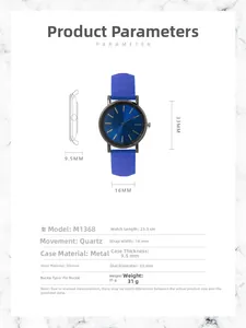 Detailed specifications of the M1368 quartz watch with 33mm dial and blue silicone strap