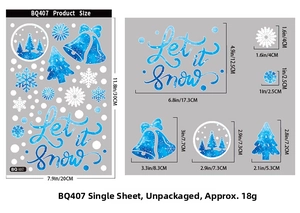 Size specifications of blue Christmas window stickers featuring Let It Snow art and bells