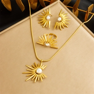Stainless Steel Sunburst Necklace Earring And Ring Sunflower Artificial Pearl Pendant Clavicle Chain Vintage Fashion For Women