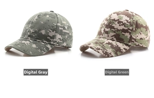 Close-up of digital camouflage baseball caps in digital grey and digital green canvas