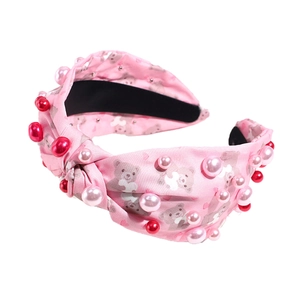 Pink knotted headband with cute bear pattern and inlaid pearls for women hair styling