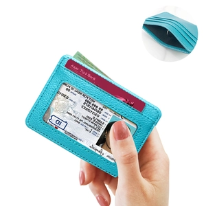 Slim sky blue PU leather wallet with 5 card slots and a clear ID window for organization