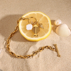 Golden titanium steel bracelet with fishbone seashell pendants and OT buckle for beach summer