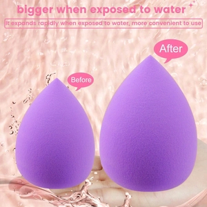 Purple teardrop makeup sponge showing before and after size expansion when wet