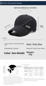 Size chart for breathable quick-dry baseball cap showing dimensions and head measurements