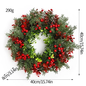 Artificial Christmas wreath with green pine needles and red berries, size 40cm outer diameter