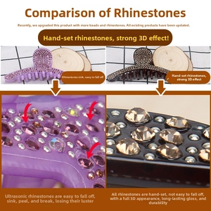 Macro detail comparing rhinestones on acrylic hair claws in purple and dark brown colors