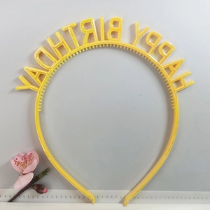 Detail showing the yellow Happy Birthday lettering on the colorful plastic headband