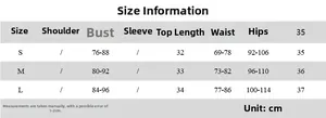 Size chart for rhinestone camisole and mini skirt set with bust and waist measurements