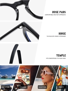 Detailed views of black round frames with reinforced hinges and nose pads for daily wear