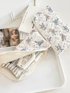Quilted fabric organizer bag with cute cartoon girl print and zipper for school stationery