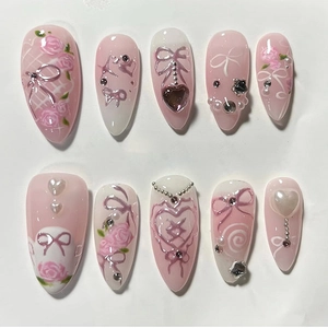 Sweet Pink White Almond Press On Nails With Rhinestone Artificial Pearl Decor And Bowknot Rose Pattern For Women Romantic Style