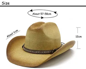 Detailed size chart for Western straw cowboy hat with 57-58cm brim and 12cm height