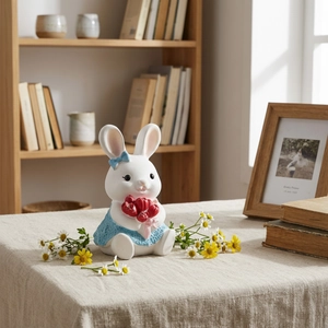 Detail of white resin rabbit figurine holding red tulips with woven blue dress texture