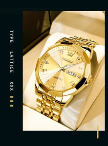 Detailed view of luxury gold men's quartz watch with date-day display on a leather stand
