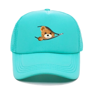 Close-up of teal trucker hat featuring bear graphic and breathable mesh back details
