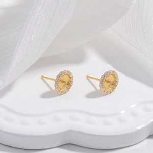 S925 sterling silver gold sunflower earrings stud base with white zircon for DIY pearl
