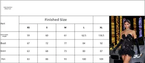 Detailed size chart for the sequin tube dress with feathers and sleeve accessories