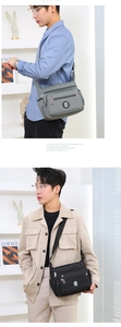 Detail view of large capacity nylon crossbody bags in grey and black with multi-pockets