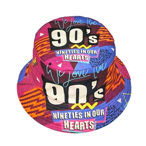 Retro 90s colorful bucket hat with pop art print and nineties heart typography