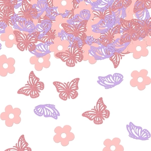 Mix of glitter butterfly and floral confetti in pink and purple for party table decoration