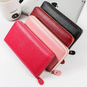 Classic lychee pattern long leather wallets for women with gold zippers in four colors
