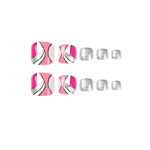 Faux ongles d'orteils géométriques rose vif et blancs avec paillettes et lignes