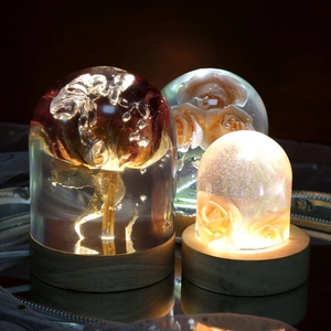 Detailed view of handmade preserved rose resin night light with glowing wood base and USB power