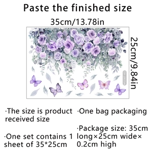 Detailed dimension layout for purple rose and butterfly self-adhesive wall stickers